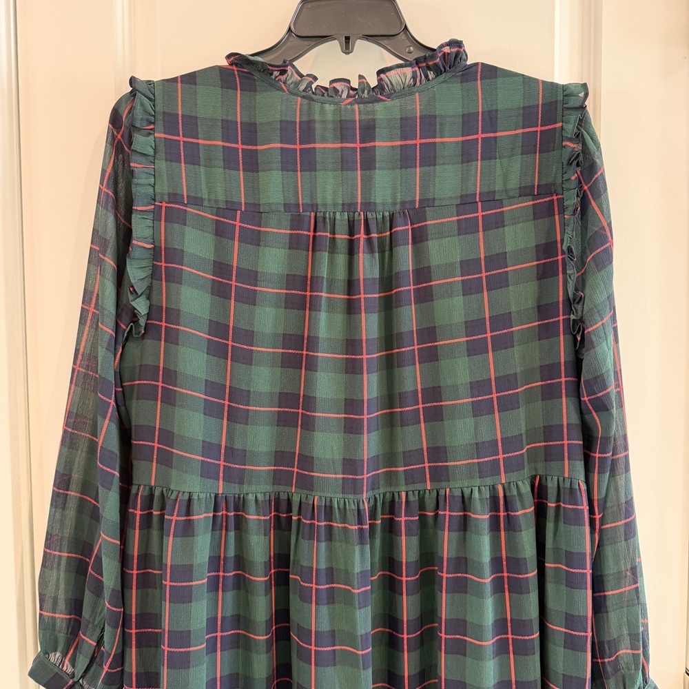 J. Crew Tie Neck Tiered Dress in Black Watch Tartan Green Navy Red Color sz XL - Picture 13 of 14